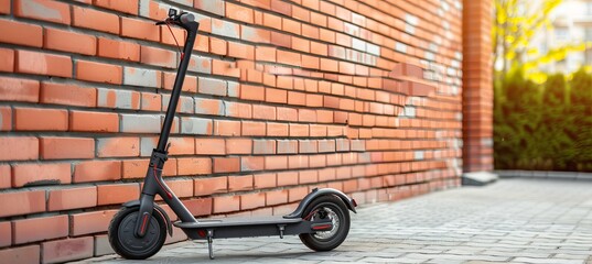 Sleek electric scooter parked on urban sidewalk, promoting sustainable transport on a sunny day