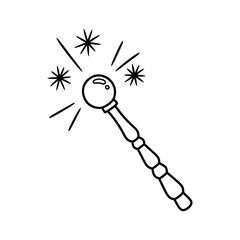 Simple black and white line art drawing of a magic wand with sparkles
