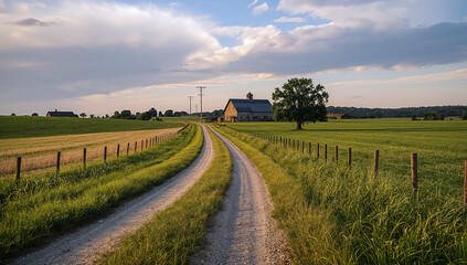 Obraz premium Rustic country road to a warm golden farm