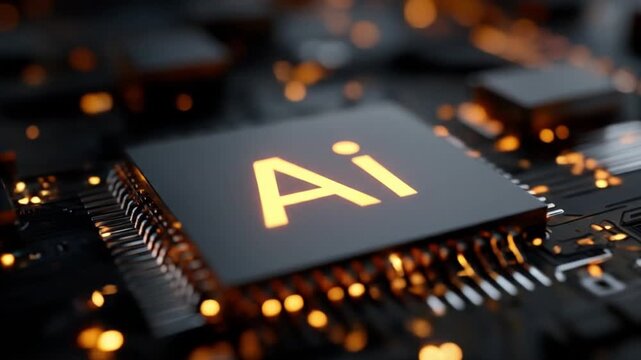 Close-up of a glowing silicon chip on a dark circuit board, orange accents, high-tech aura and glow!!