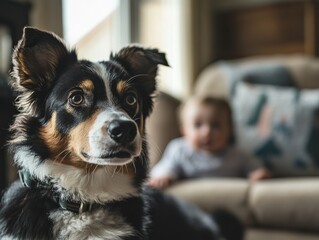 Playful dog with child in cozy living room candid photography warm indoor atmosphere close-up view
