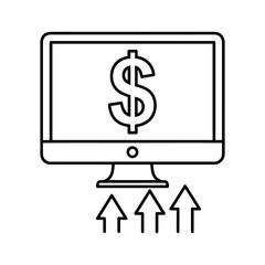 Line icon of computer monitor with dollar sign and upward arrow