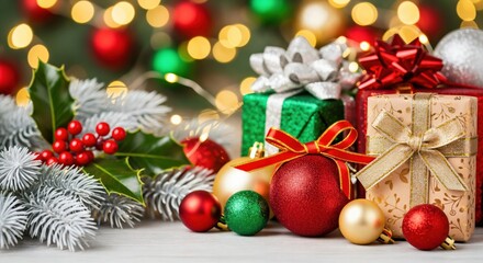 Festive Christmas gifts and ornaments with holly and frosted pine branches against a bokeh background of holiday lights, perfect for seasonal celebrations.