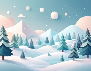 Charming winter wonderland scene with snow-covered hills, whimsical trees, and gentle snowfall, perfect for holiday greetings and seasonal designs