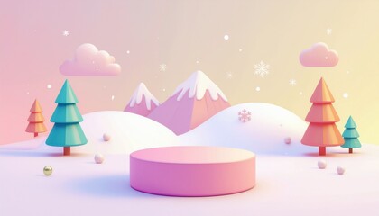 Pastel winter wonderland scene with pink mountains, snow, trees, and a podium for product display - perfect for festive campaigns and holiday promotions
