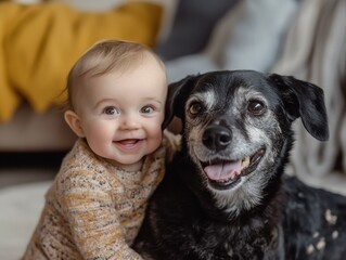 Joyful toddler and playful dog bonding at home heartwarming family moment cozy living room adorable smiles