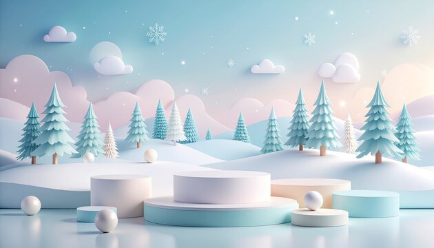 Elegant winter product showcase with pastel forest and podiums for a captivating holiday promotion, perfect for festive campaigns and seasonal designs