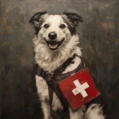 Heroic rescue dog in action urban setting portrait dramatic lighting focus on loyalty and bravery