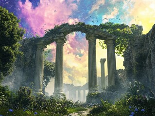 Ancient ruins amidst lush nature enchanted landscape serene environment vibrant sunset viewpoint