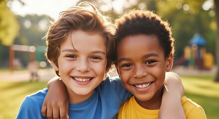 Two happy diverse young boys smiling with arms around each other in a sunny park.