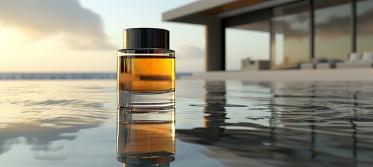 Artistic close up of a luxurious perfume bottle on a reflective surface, showcasing high end design