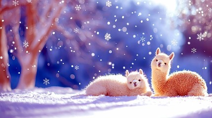 Two adorable alpacas are lying down in the snow, surrounded by falling snowflakes, with a soft, blurred background of trees.