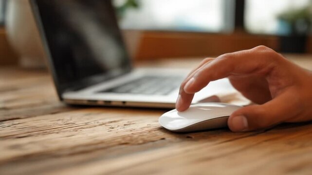 Close-up of a hand guiding a white computer mouse near a laptop on a sunlit wooden desk in warm sun