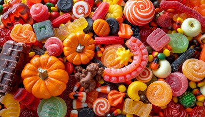 Vibrant halloween candy assortment flat lay in photorealistic style for festive celebrations