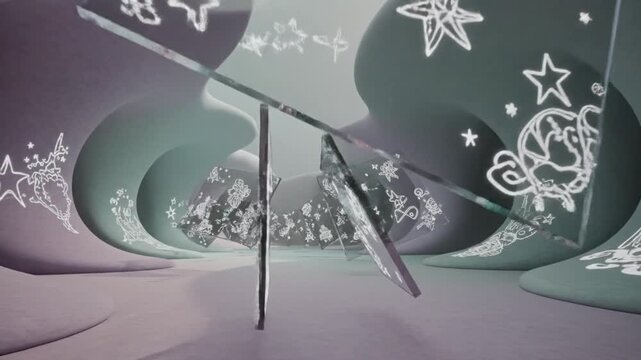 Abstract architectural scene with balanced transparent geometric shapes and a whimsical background of stars and swirling forms, conveying a sense of balance