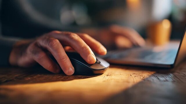 Intimate close-up a hand on a computer mouse beside a wooden desk and laptop, bathed in warm light