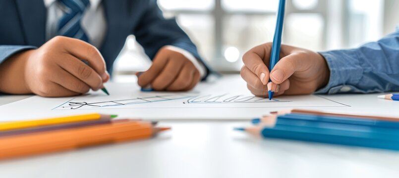 Child s colorful drawing with pencils on white desk in bright and inspiring learning environment