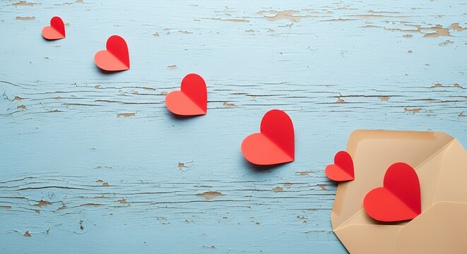 Scattered red paper hearts on a distressed light blue wooden background with an open tan envelope holding two hearts on the right red hearts love valentine romance valentines day romantic symbol