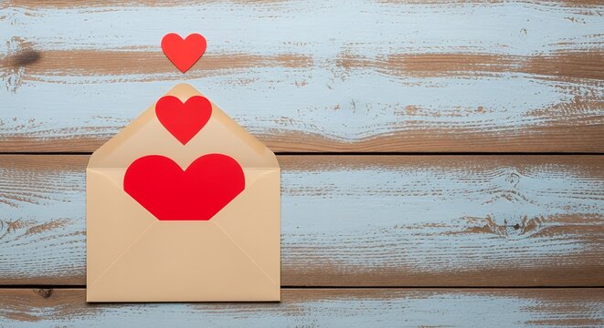 An open beige envelope rests on a rustic distressed wooden surface with three red heart cutouts hearts love romantic valentine valentines day romance greeting message letter heart shape emotion