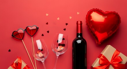 Red heart shaped sunglasses and balloon wine bottle empty wine glasses with heart confetti and gift boxes on a vibrant red background Valentines Day love romance celebration couple date holiday