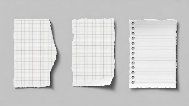 Collection of torn paper sheets from notebook with grid and line on table
