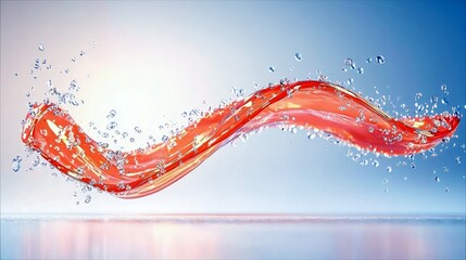 A vibrant red liquid splashes and flows dynamically, surrounded by numerous water droplets against a gradient background.
