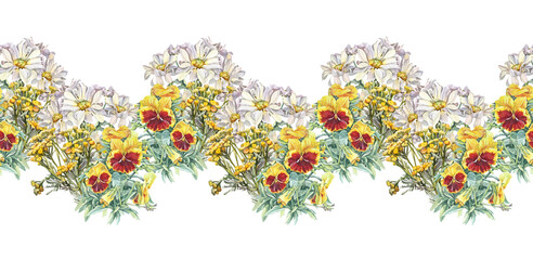 Watercolor seamless border with yellow red pansy and chamomile on white background. Summer flower viola for botanical poster or celebration wedding card. Nature hand-drawn rim for wallpaper wrapping