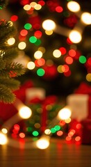 Vibrant Bokeh Christmas Lights and Blurry Presents Creating a Warm Holiday Season Atmosphere