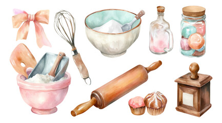 Warm Watercolor Bakery Supplies and Tools for Cozy Baking Illustrations