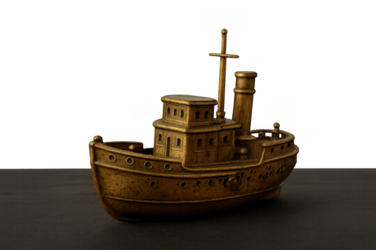 Miniature brass tugboat model with intricate detailing, showcasing a classic design and steamship aesthetic on a dark surface