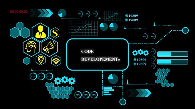 Code Developement, concept with Data Analytics, Business Graphics, loading bar, gearbox, Asymptotic smart data analytics,4k video  On Black background.
