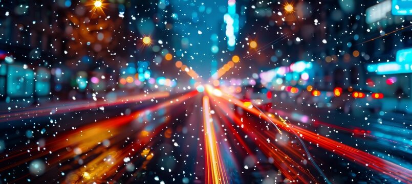 Enchanting winter cityscape at night with snowfall and neon lights illuminating urban streets - Powered by Adobe