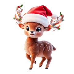 Cute 3D cartoon reindeer wearing a Santa hat, with glowing Christmas lights and holly decorations on its antlers, isolated on a clean background. Festive, cheerful holiday character.