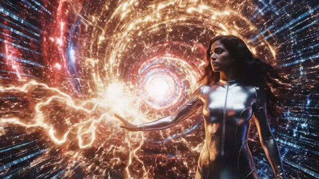 Futuristic woman walking towards a dynamic glowing portal, ready for adventure or a digital transformation journey