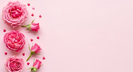 Several pink roses in varying stages of bloom with small red heart shaped confetti scattered across a pastel pink background rose blossoms heart confetti love romance Valentines Day floral flowers