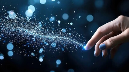 A person's finger touches a bright blue stream of particles, creating a magical or technological effect against a dark, blurred background.