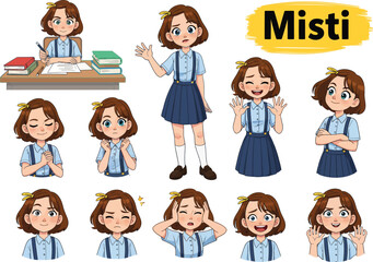 Cute cartoon girl character misti in school uniform with various expressions and poses for education and children s themes