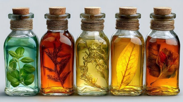 Five glass bottles with cork stoppers contain colorful liquids with herbs, spices, and leaves, suggesting natural remedies or infusions.