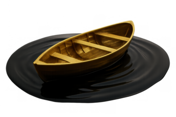 Wooden boat floating on black ink liquid representing isolation and risk, minimalist scene, transparent background