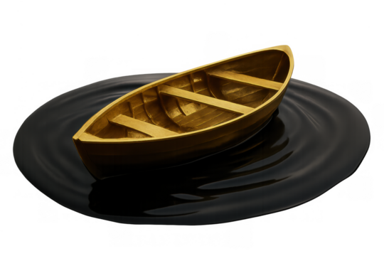 Wooden boat floating on black ink liquid representing isolation and risk, minimalist scene, transparent background