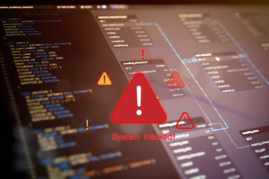 Cybersecurity breach concept showing database system hack with warning symbols and red alerts, illustrating data loss, hacking threats, and critical system vulnerability in digital networks.