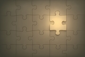 Obraz premium A nearly complete puzzle shows a single lifted piece glowing softly, symbolizing incompletion, lingering thoughts, and the tension of an unfinished task.
