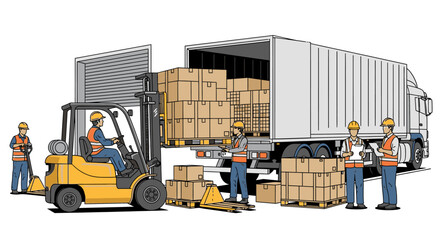 Illustration of workers loading boxes into a truck with a forklift. © NanzZ