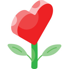 Red Heart Shaped Flower With Green Stem And Leaves On Transparent Background 3D Render