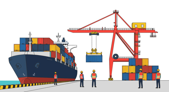 A detailed illustration of a cargo ship being loaded with containers by a large gantry crane at a busy port with workers.