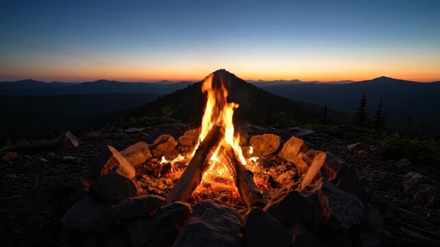 Glowing embers of warm campfire, bonfires burning flame, wood fueling heat twilight sky, evoking peaceful serene outdoor adventure experience remote