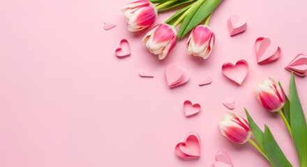 Pink and white tulips with pink paper hearts scattered across a soft pink background spring celebration theme flowers love romantic floral decoration bloom nature beauty sweet delicate greeting