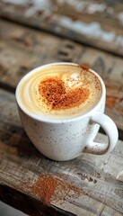 Obraz premium Elegant latte with heart foam art in white cup on rustic wooden table coffee culture aesthetic