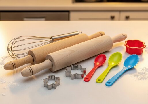 Baking utensils: rolling pins, whisk, cookie cutters, and colorful measuring spoons
