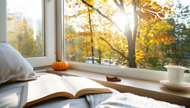 Cozy autumn reading nook by the window with warm sunlight and charming pumpkin decor